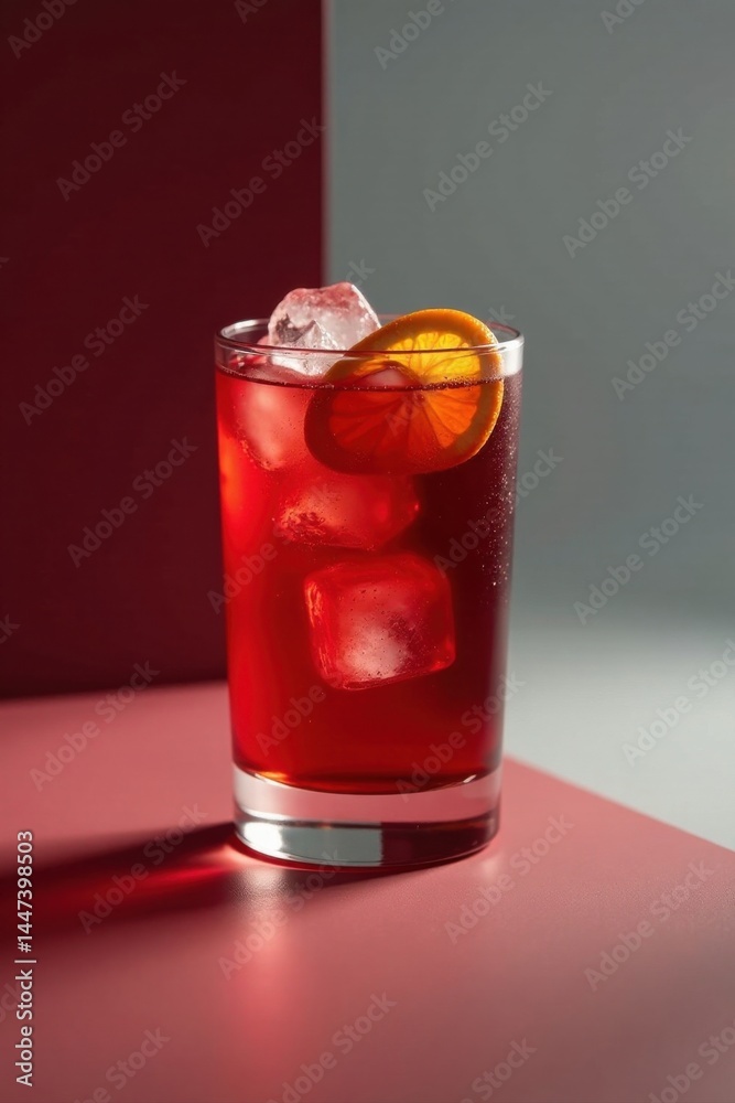 Refreshing Red Citrus Beverage with Ice Cubes in a Tall Glass on a Colored Surface