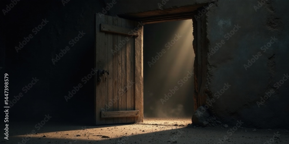 A weathered wooden door ajar, revealing a shaft of light illuminating dust motes in a dimly lit, crumbling stone structure.