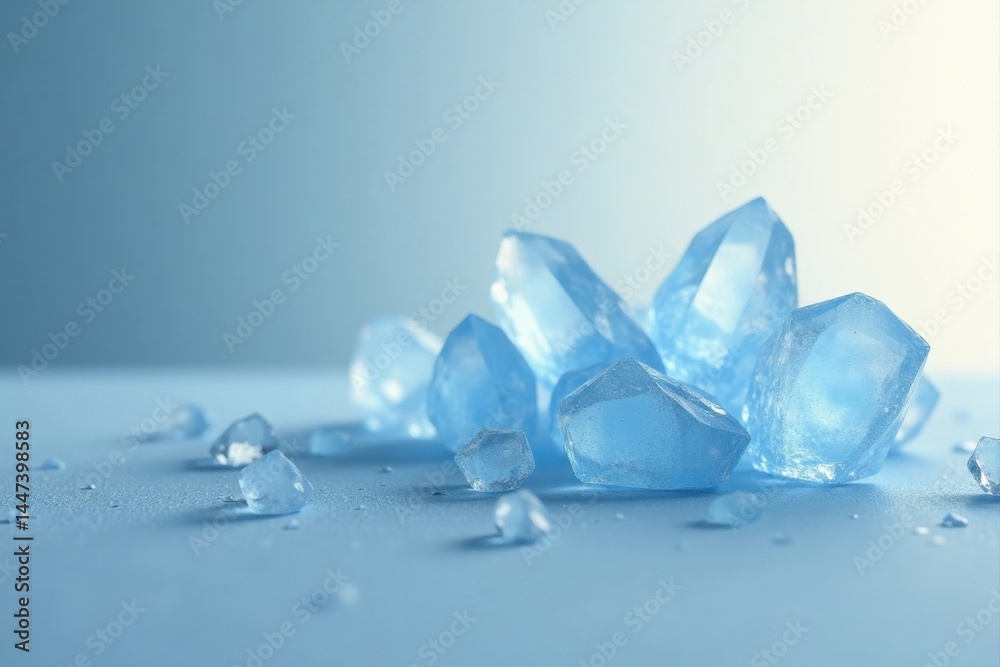 A serene cluster of translucent, icy blue crystals rests on a cool, smooth surface, reflecting soft light, creating a minimalist, refreshing scene.