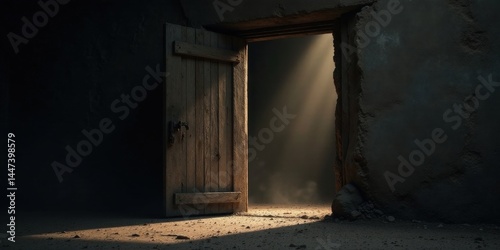 Obraz na płótnie A weathered wooden door ajar, revealing a shaft of light illuminating dust motes in a dimly lit, crumbling stone structure. w salonie