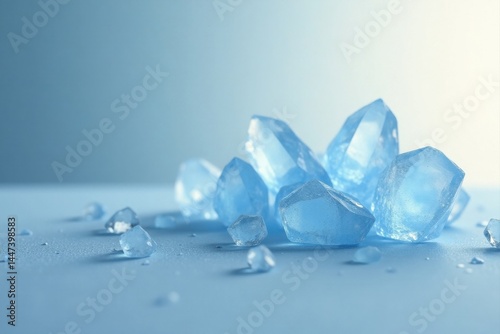 Obraz na płótnie A serene cluster of translucent, icy blue crystals rests on a cool, smooth surface, reflecting soft light, creating a minimalist, refreshing scene. w salonie