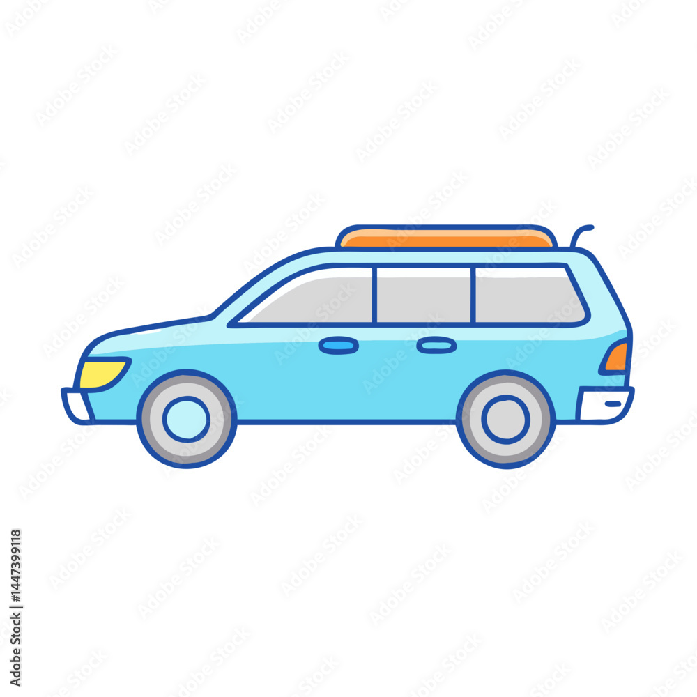 Fototapeta premium Find blue station wagon car illustration with roof rack for family travel and adventures