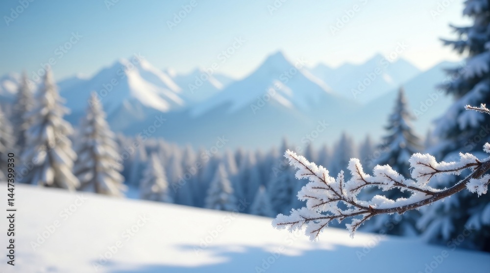 Winter wonderland scene a frosty branch in the foreground with a snow covered evergreen forest and distant mountain range