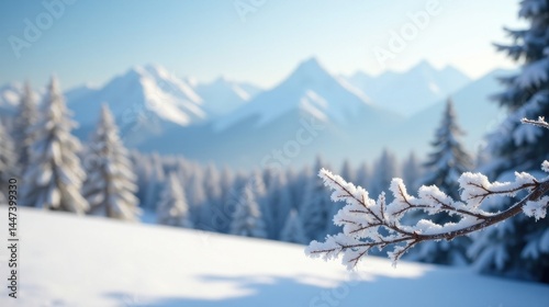 Winter wonderland scene a frosty branch in the foreground with a snow covered evergreen forest and distant mountain range