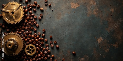 Aromatic Coffee Beans and Intricate Mechanical Gears on a Dark Rustic Surface