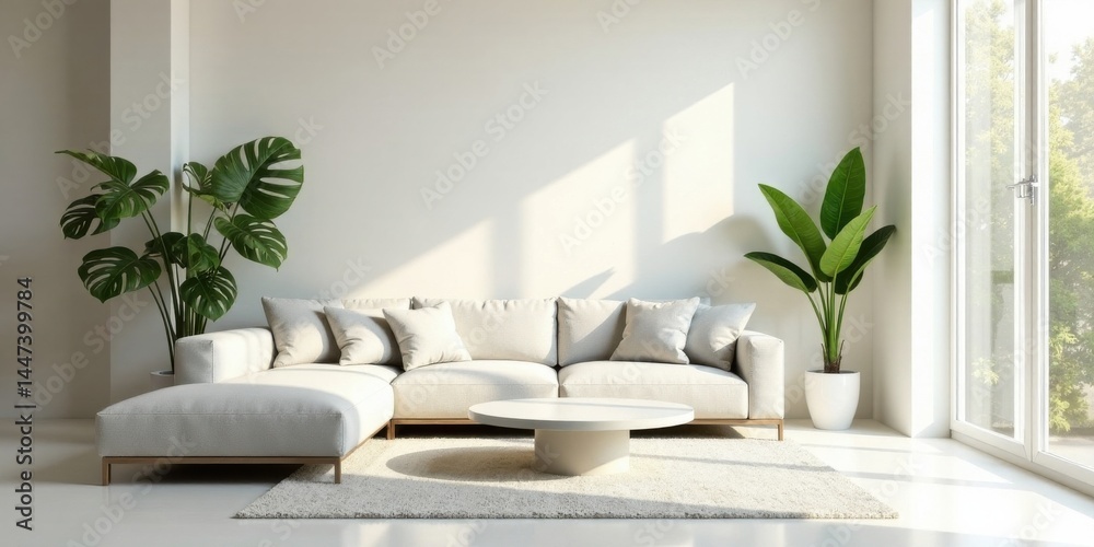 Serene Minimalist Living Room Design Featuring a Sectional Sofa, Plush Cushions, and Greenery
