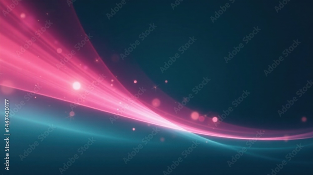 Abstract Pink and Teal Light Streaks Across Dark Background with Glowing Particles
