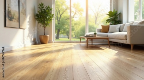 Sunlight streams through large windows illuminating a modern living space with light hardwood floors, a comfortable sofa, and potted plants.