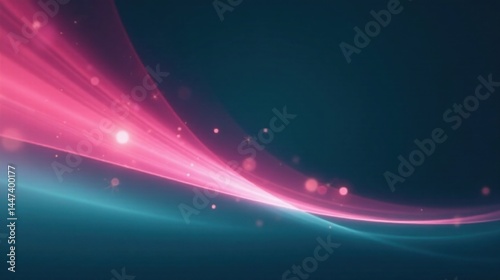 Abstract Pink and Teal Light Streaks Across Dark Background with Glowing Particles