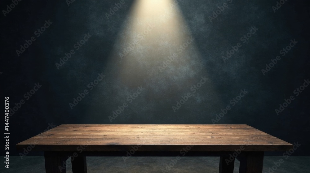 Illuminated Rustic Wooden Tabletop Against Dark Textured Background, Ideal for Product Displays and Mockups
