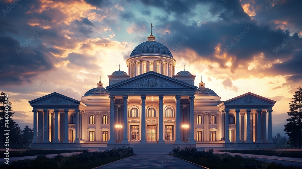Obraz premium Elegant building illuminated at sunset.