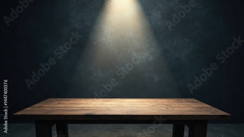 Illuminated Rustic Wooden Tabletop Against Dark Textured Background, Ideal for Product Displays and Mockups