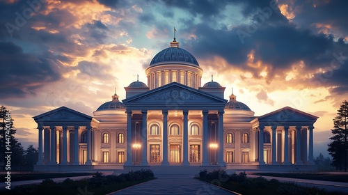 Elegant building illuminated at sunset.