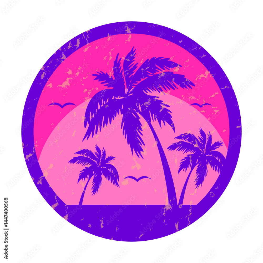 Perfect round Summer art vector graphic with grunge Retro Texture. Ideal t-shirt print and Summer copybook cover print. Sea sun palm tree party. Summer amalfi dolce vita theme. Italia vacation EPS 10