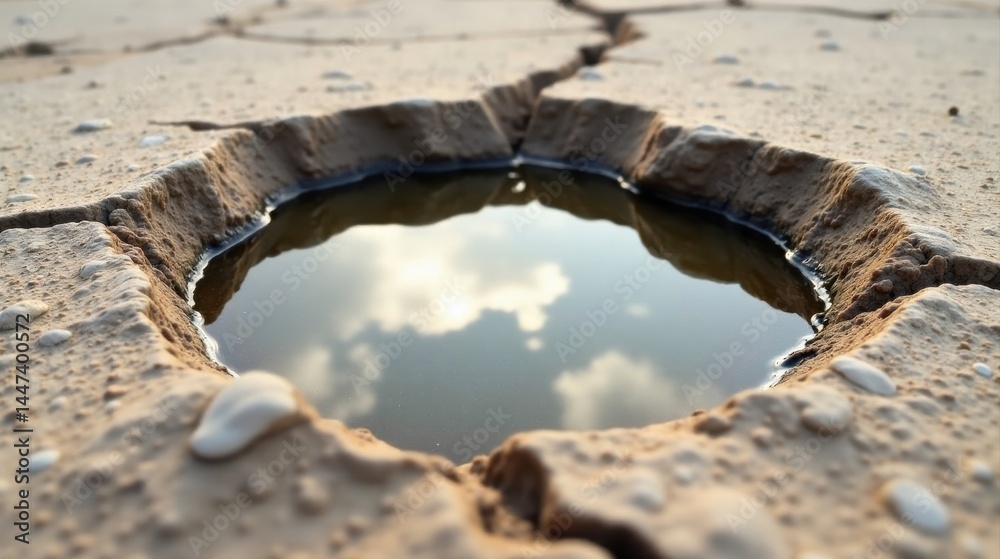 A small pool of water reflecting the sky in a cracked, parched earth landscape