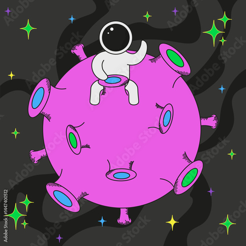 Cosmic surreal art with Whimsical Astronaut moon stars. Space day vector illustration theme. Sur vibrant color pink moon.