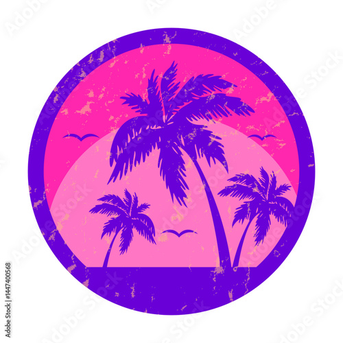 Perfect round Summer art vector graphic with grunge Retro Texture. Ideal t-shirt print and Summer copybook cover print. Sea sun palm tree party. Summer amalfi dolce vita theme. Italia vacation EPS 10