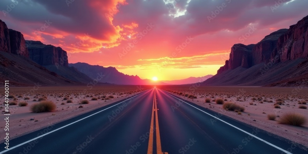 Serene Desert Highway at Sunset A Vivid Panorama of Dramatic Cliffs and Endless Road