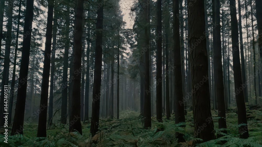 Fototapeta premium Tall trees in a dark, atmospheric forest with mossy ground