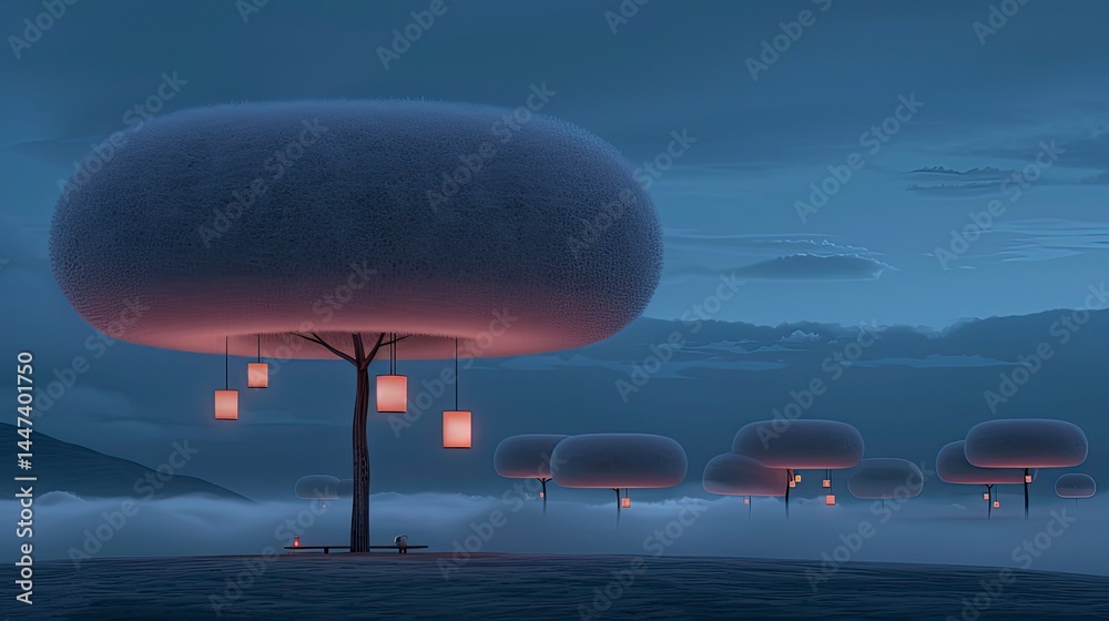 Fototapeta premium Mystical, ethereal landscape with glowing trees at twilight