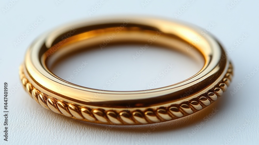 Shiny golden ring with detailed texture against white backdrop, illuminated softly Shiny golden ring with detailed texture against white backdrop, illuminated softly
