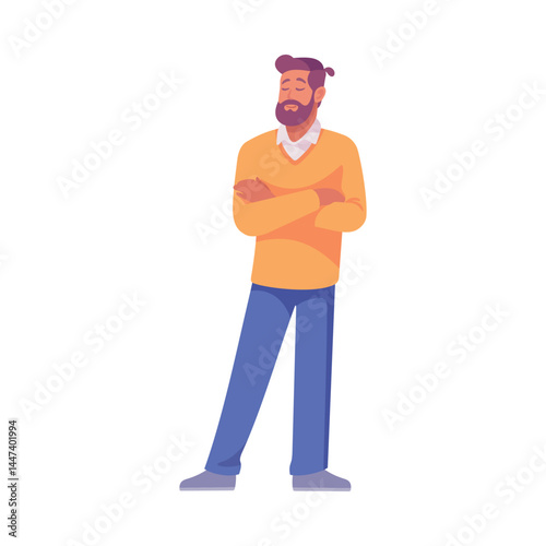 A highly confident man dressed in casual attire stands with his arms crossed in a relaxed manner