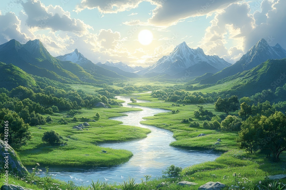 Fototapeta premium Serene mountain valley river sunrise; idyllic landscape