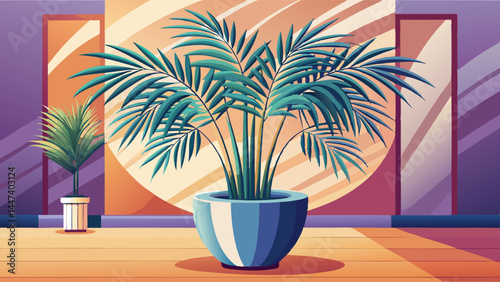 A graceful parlor palm rises from a sleek modern pot.
Its delicate fronds spread in perfect tropical symmetry.
Minimal vase design enhances the plant’s natural charm.
Ideal for clean botanical vector 