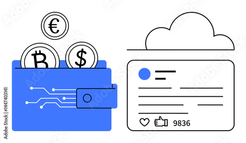 Wallet with cryptocurrency symbols, cloud, and social profile illustrating online transactions. Ideal for digital currency, fintech, cloud services, social media, blockchain, data security simple