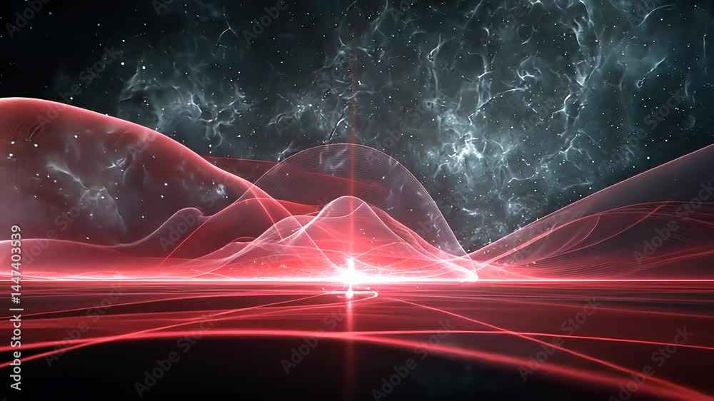 Abstract cosmic landscape with glowing red waves and starry background, evoking energy and motion