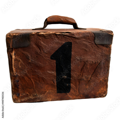 Vintage Wooden-Handled Brown Leather Suitcase With Number One Illustration photo