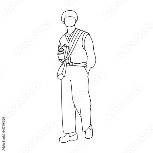 Line Art of a Japanese Man Holding Bread, Minimalist Outline Drawing of a Man with Crossbody Bag
