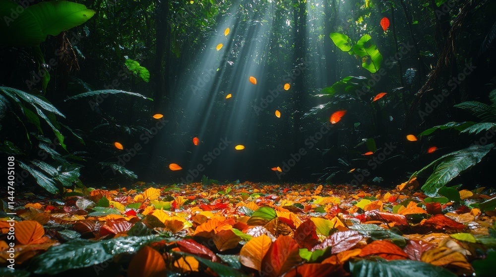 Sunlight streams through a vibrant tropical forest floor, strewn with colorful autumn leaves. Sunlight streams through a vibrant tropical forest floor, strewn with colorful autumn leaves.