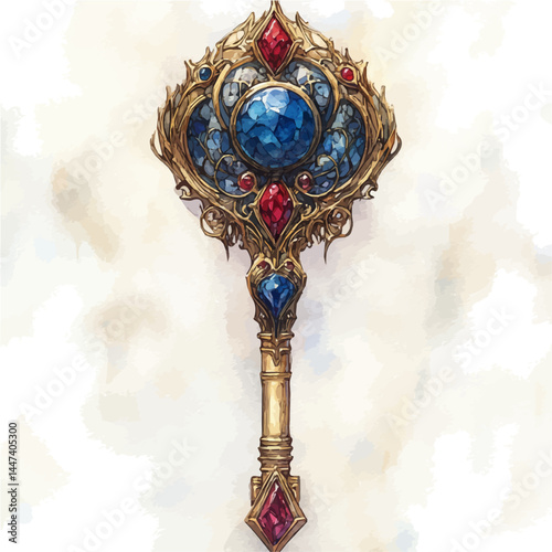 illustration of Mysterious Golden Key With Arcane Engravings, watercolor vector, isolated on a white background.