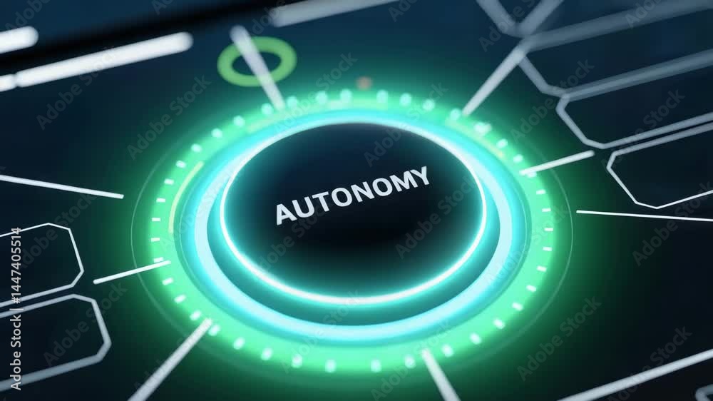 Glowing autonomy button on futuristic digital interface with agentic AI technology for smart control and innovation in modern technology systems