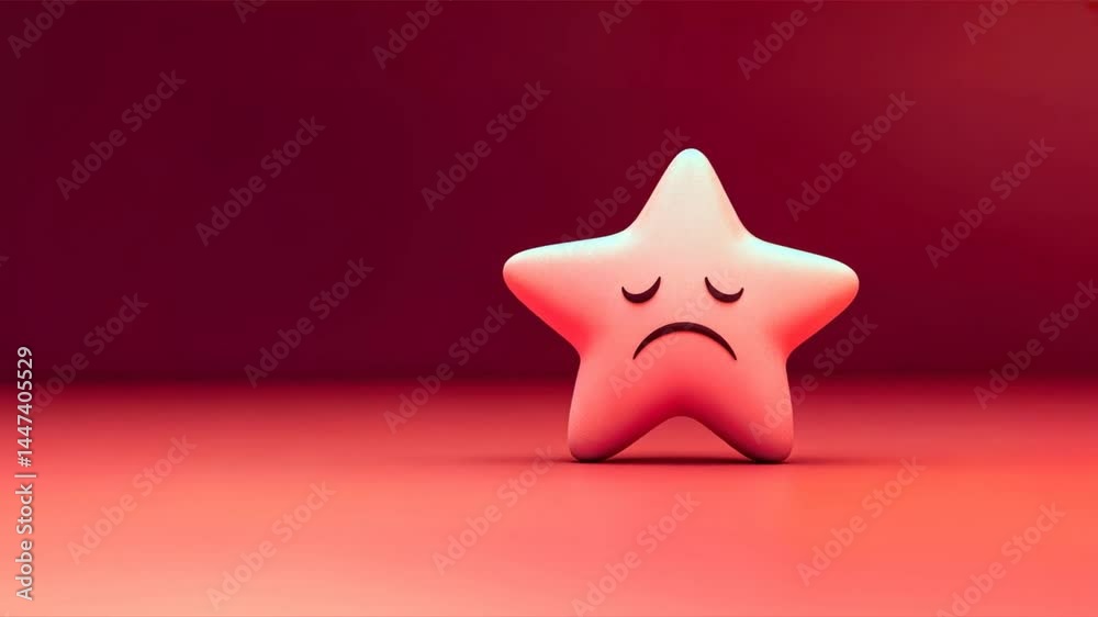 Pink star with sad emoticon face standing on floor against red backdrop, representing negative customer reviews, negative feedback, and customer complaints