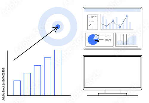 Bar graph with upward trend, target with arrow, dashboard with data analytics and monitor. Ideal for business strategy, data visualization, progress tracking, marketing analytics, finance