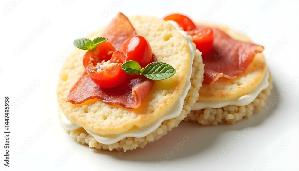 Rice cakes with cream cheese, prosciutto and tomato top view isolated on white background Rice cakes with cream cheese, prosciutto and tomato top view isolated on white background