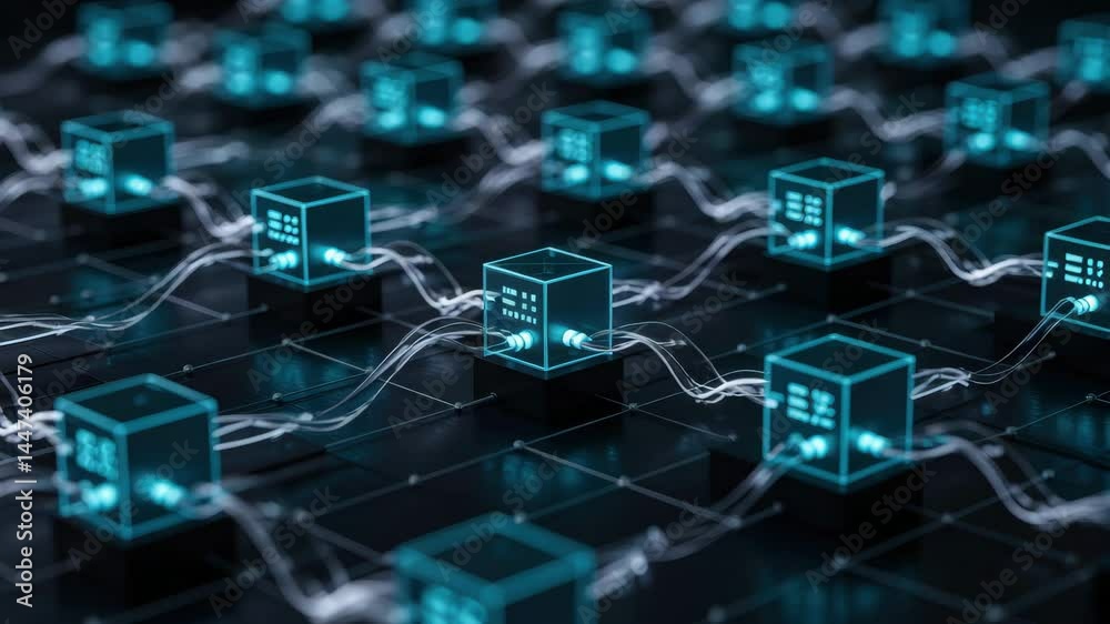 Agentic AI concept of interconnected digital network with glowing cubes linked by futuristic technology cables and flowing data connection streams Agentic AI concept of interconnected digital network with glowing cubes linked by futuristic technology cables and flowing data connection streams