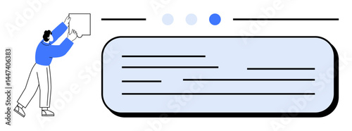 Person adjusting an interface element, navigation dots, and text box with a clean layout. Ideal for teamwork, UX design, web development, customization, wireframe creation, collaboration simple
