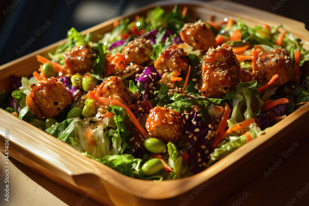 Colorful vegetable stir-fry with sesame seeds and tofu