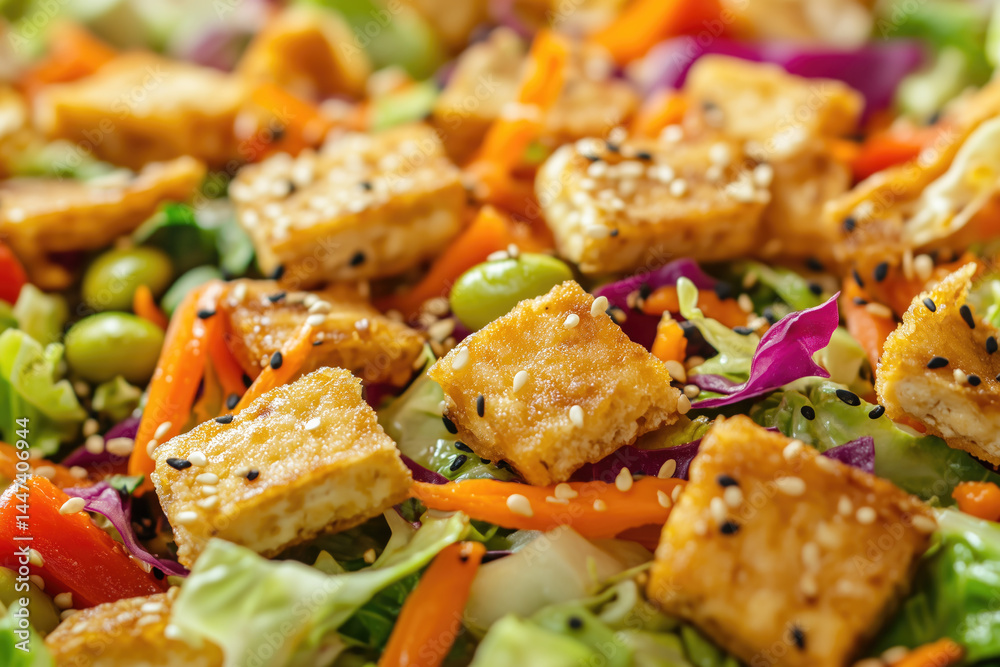 Colorful vegetable stir-fry with sesame seeds and tofu