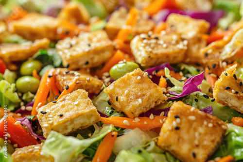 Obraz na płótnie Colorful vegetable stir-fry with sesame seeds and tofu w salonie