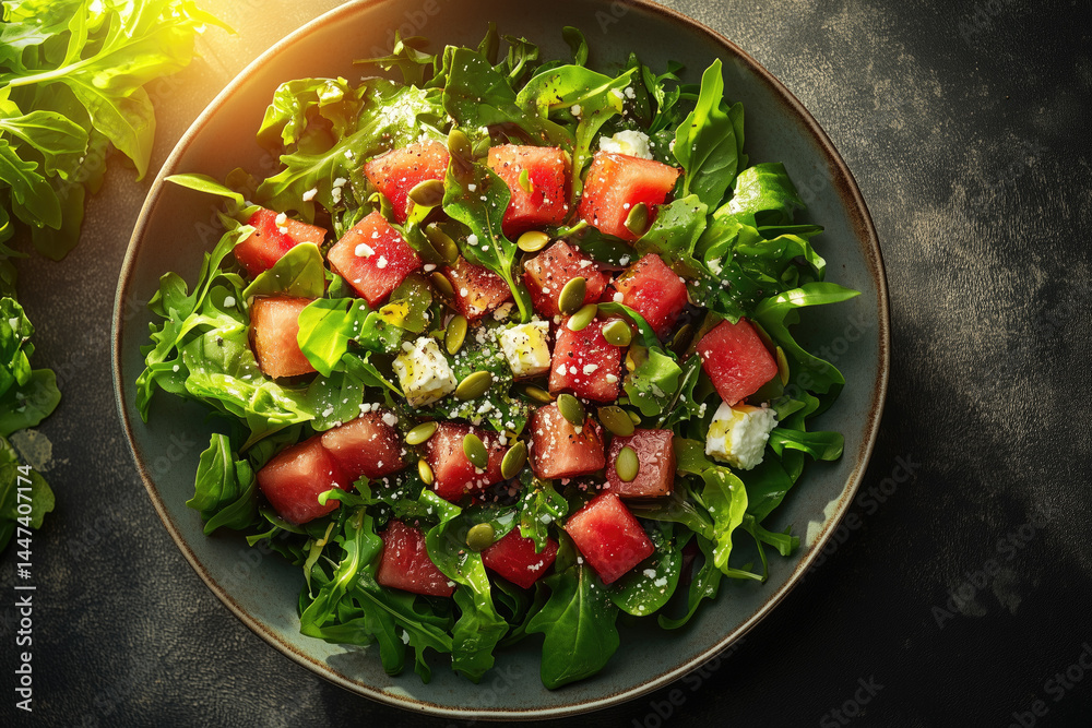watermelon salad prepared with arugula and feta cheese