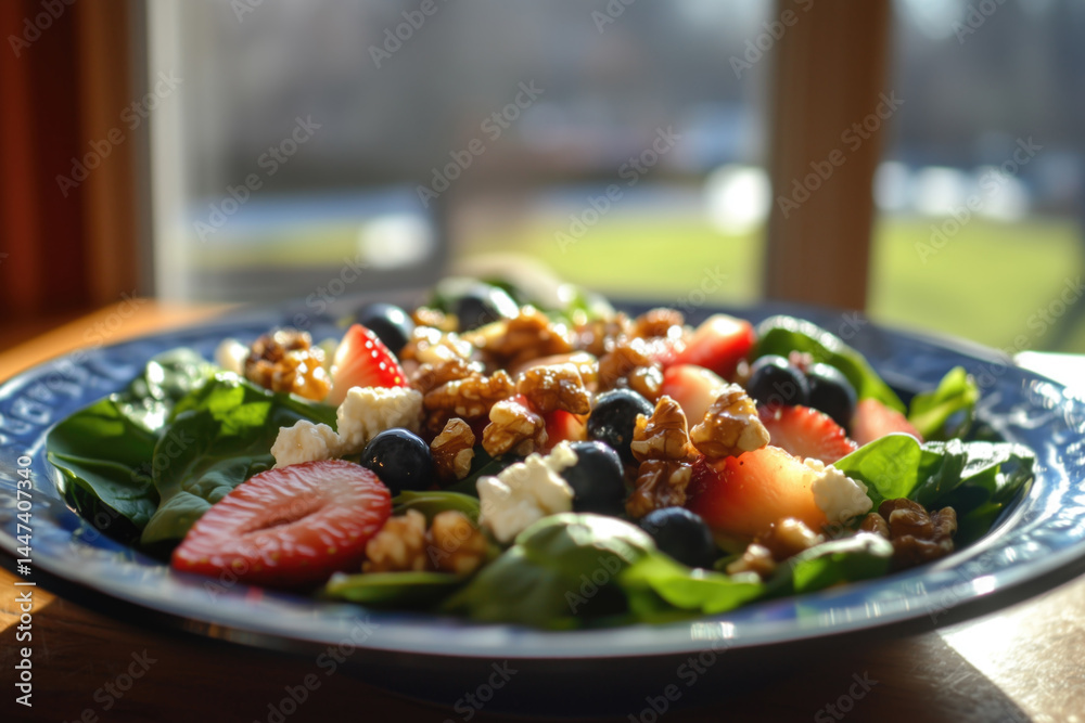 Colorful salad with spinach, strawberries, and walnuts