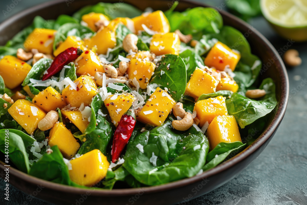 Fresh mango spinach salad with cashews and spices