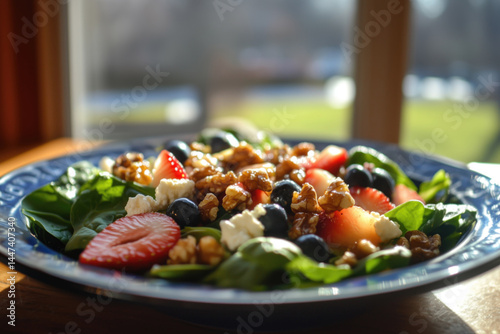 Obraz na płótnie Colorful salad with spinach, strawberries, and walnuts w salonie