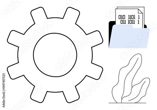 Gear icon next to file folder holding binary files with a decorative abstract plant. Ideal for technology, automation, data management, software tools, coding, system processes, simple landing page