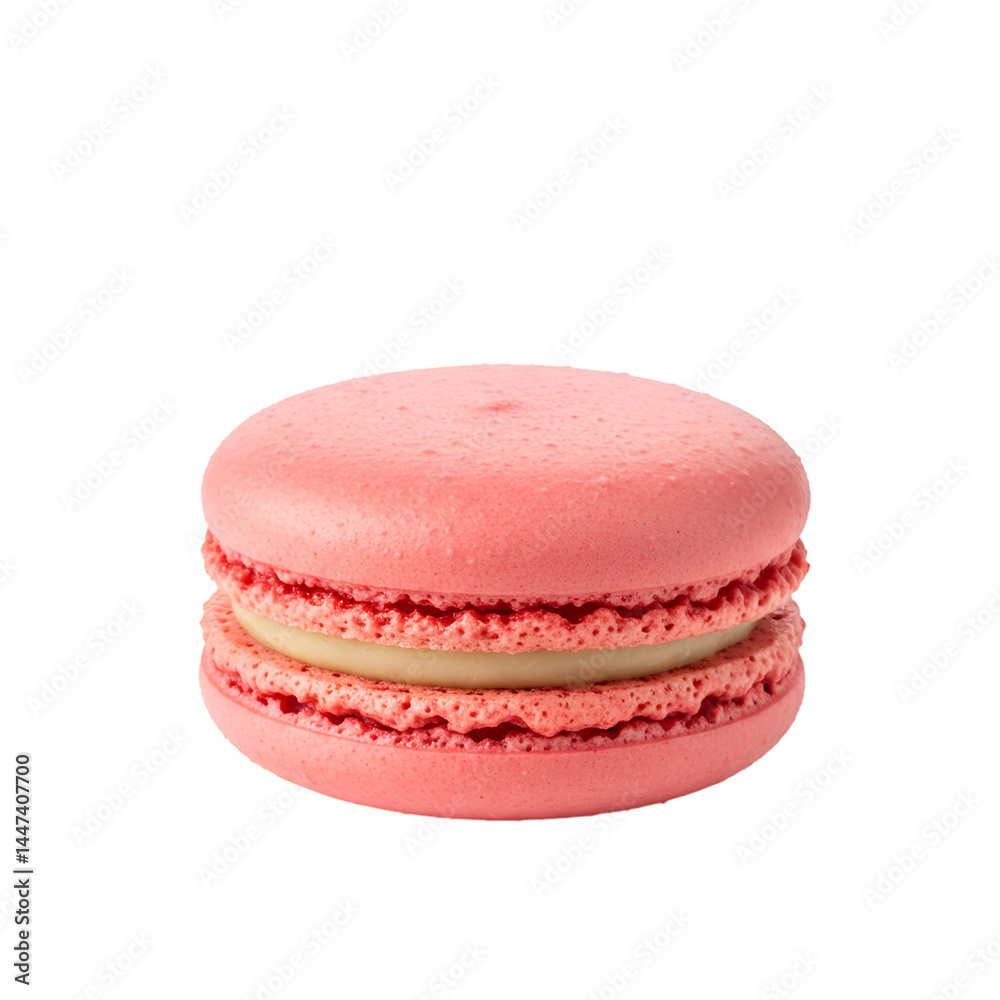 A single pink macaron, filled with a light-colored cream, sits centered A single pink macaron, filled with a light-colored cream, sits centered