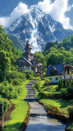 Mountainous landscape showcasing a cascading stream flowing through a lush green garden leading to charming houses nest